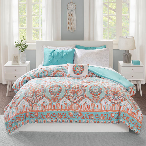 English Elm Twin Vinnie Boho Comforter Set with Sheets, Aqua Orange Global Print, OEKO-TEX, Antimicrobial Freshness Protection B03595867