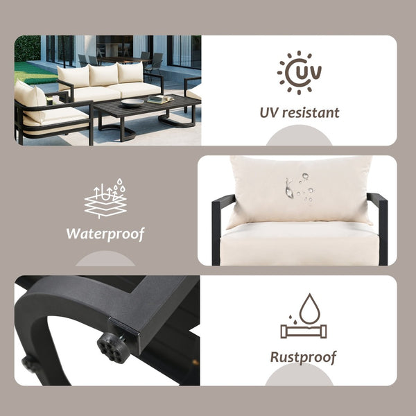 English Elm U_style 5 Seat Outdoor Sofa Set Powder Coated Steel Acacia Wood Table Garden Patio Beige WY000333AAA