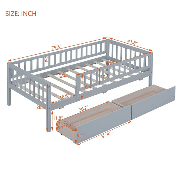English Elm Twin Pine Wood Daybed with Storage Drawers for Guest Room or Studio Space Gray WF301864AAE