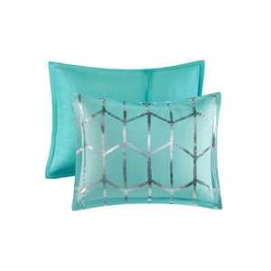 English Elm Full/Queen Metallic Printed Comforter Set with Aqua Geometric Metallic Print, Embroidered Pillows, Antimicrobial Protection Aqua+Silver 21.65 L x 18.5 W x 11.02 H B03595835