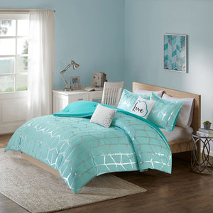 English Elm King/Cal Raina Metallic Geometric Comforter Set with Embroidered Decorative Pillows and Antimicrobial Protection Aqua+Silver 21.65 L x 18.5 W x 11.81 H B03595836