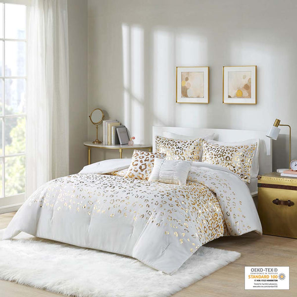 English Elm Metallic Lillie Leopard Metallic Animal Comforter Set with Gold Print, OEKO-TEX, Antimicrobial Freshness Protection B03595926