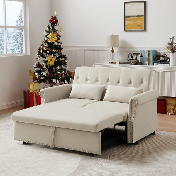 English Elm Artemax Velvet Tufted Convertible Loveseat Sleeper with Nailhead Trim for Small Spaces Beige W668100738