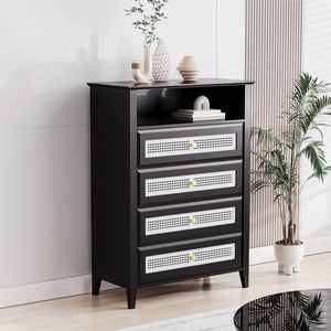 English Elm On-trend Rattan Panel 4 Drawer Dresser Black Mdf Cabinet Gold Pulls Bedroom Storage WF303857AAB