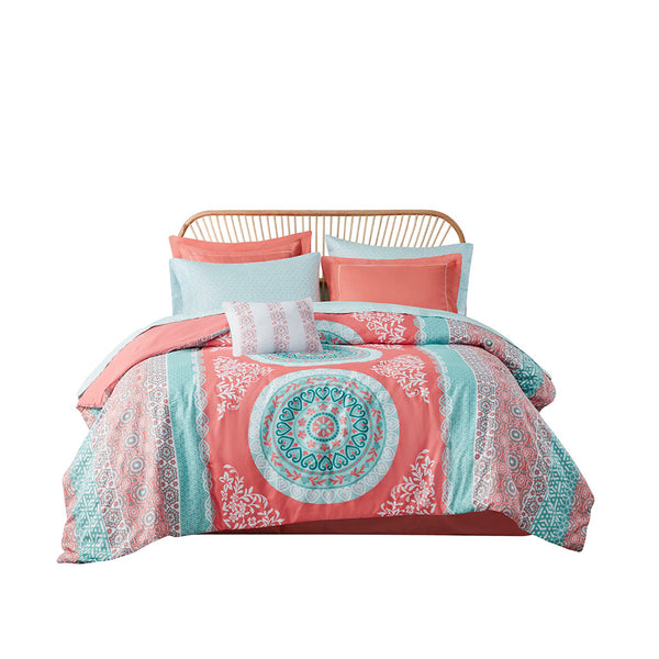English Elm Full Loretta Boho Comforter Set with Sheets, Coral Aqua Medallion, Embroidered Shams & OEKO-TEX Safety B03595824