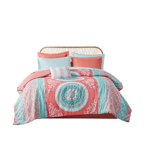 English Elm Twin XL Boho Comforter Set with Sheets - Coral Aqua Medallion, Embroidered Sham, OEKO-TEX Certified Bedding B03595823
