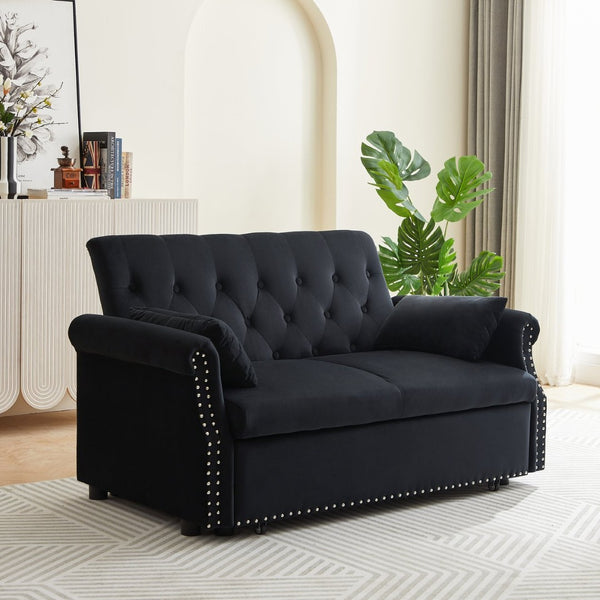 English Elm Artemax Velvet Tufted Convertible Loveseat Sleeper with Nailhead Trim for Small Spaces Black W668100737