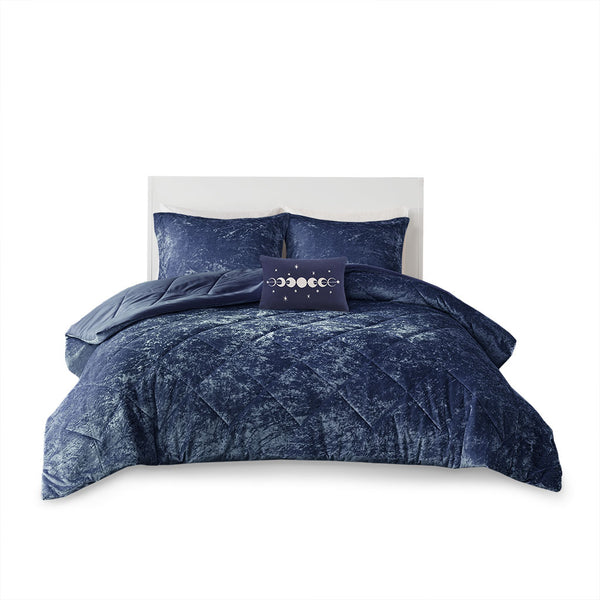 English Elm Full/Queen Felicia Velvet Comforter Set in Navy with Diamond Quilting, Hypoallergenic Fill & Pillow B03595890