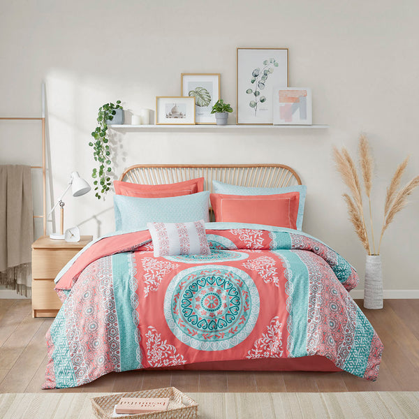 English Elm Twin XL Boho Comforter Set with Sheets - Coral Aqua Medallion, Embroidered Sham, OEKO-TEX Certified Bedding B03595823