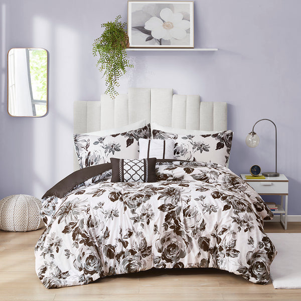 English Elm King/Cal Floral Print Comforter Set - Intelligent Design Dorsey Black & White Microfiber Comforter, Shams, Decorative Pillows, Hypoallergenic, Machine Washable B03595939