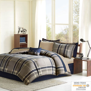 English Elm Full Plaid Comforter Set with Bed Sheets — OEKO-TEX Navy Taupe Plaid Bedding, Includes Shams, Skirt, Pillow B03595828