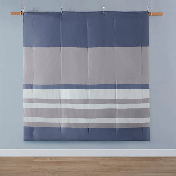 English Elm Twin Marsden Striped Comforter Set with Sheets – Grey & Blue Microfiber, Antimicrobial, OEKO-TEX Certified B03595906