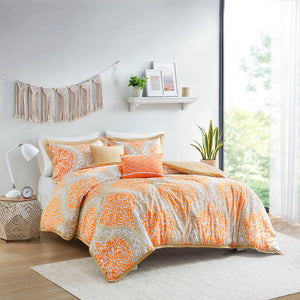 English Elm Full/Queen Senna Comforter Set - Damask Orange Taupe Microfiber, Antimicrobial Plush, Machine Washable B03595812