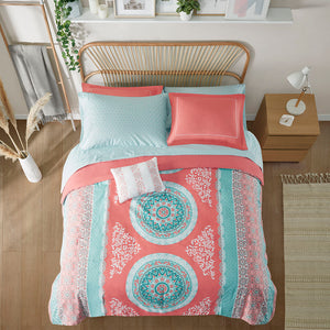 English Elm Twin XL Boho Comforter Set with Sheets - Coral Aqua Medallion, Embroidered Sham, OEKO-TEX Certified Bedding B03595823