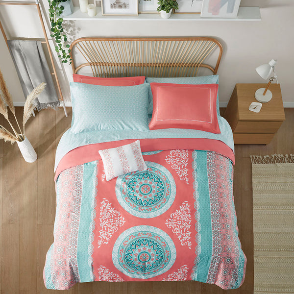 English Elm Twin XL Boho Comforter Set with Sheets - Coral Aqua Medallion, Embroidered Sham, OEKO-TEX Certified Bedding B03595823