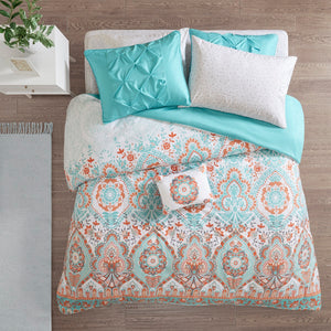 English Elm Queen Vinnie Boho Comforter Set with Aqua/Orange Global Print, OEKO-TEX Sheets, Antimicrobial Protection B03595870