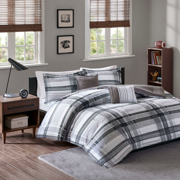 English Elm Full/Queen Rudy Plaid Comforter Set - Ultra-Soft Microfiber, Antimicrobial Protection, Reversible Grey Backing, 5-Piece Stylish Bedding B03595844