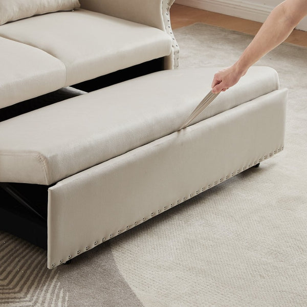 English Elm Artemax Velvet Tufted Convertible Loveseat Sleeper with Nailhead Trim for Small Spaces Beige W668100738