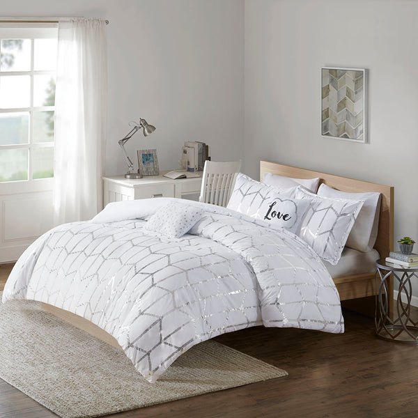 English Elm Twin/Twin Metallic Printed Comforter Set with Silver Geometric Design, Antimicrobial Microfiber, 4-Piece B03595920