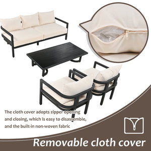 English Elm U_style 5 Seat Outdoor Sofa Set Powder Coated Steel Acacia Wood Table Garden Patio Beige WY000333AAA