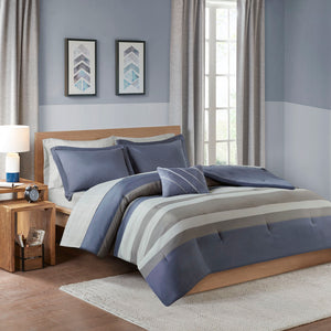 English Elm Full Marsden Striped Comforter Set with Sheets, Antimicrobial OEKO-TEX Microfiber, Grey Blue Elegance B03595908