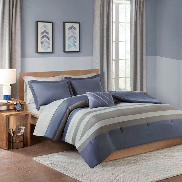 English Elm Twin XL Marsden Striped Comforter Set with Sheets - Grey & Blue Antimicrobial OEKO-TEX Bedding B03595907