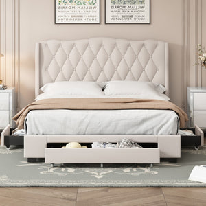 English Elm Upholstered Platform Bed With Tufted Headboard and 3 Drawers, No Box Spring Needed, Velvet Fabric, Queen Size Beige