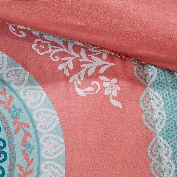 English Elm Twin XL Boho Comforter Set with Sheets - Coral Aqua Medallion, Embroidered Sham, OEKO-TEX Certified Bedding B03595823