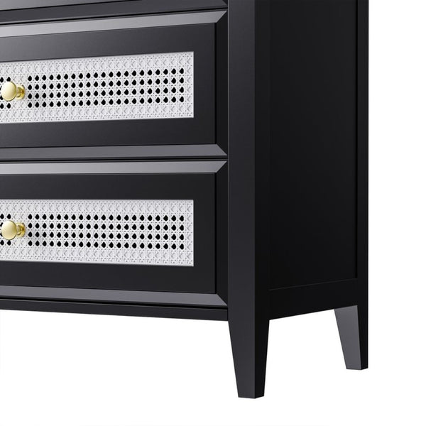 English Elm On-trend Rattan Panel 4 Drawer Dresser Black Mdf Cabinet Gold Pulls Bedroom Storage WF303857AAB