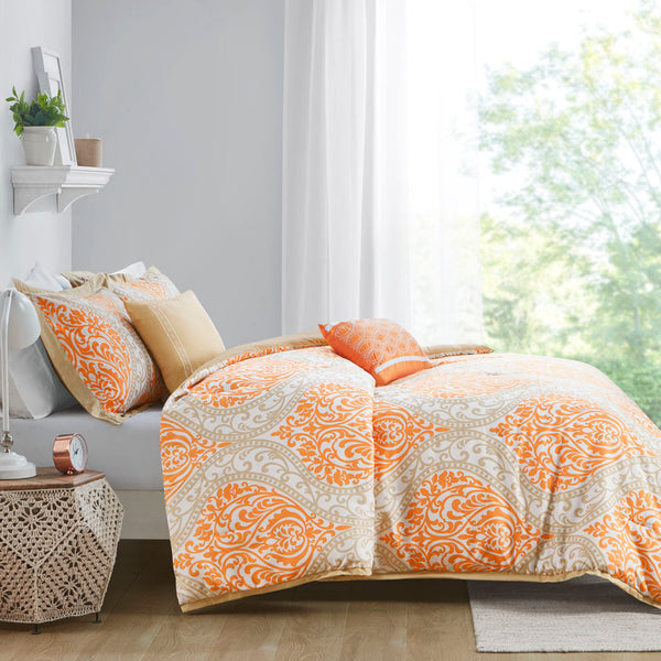 English Elm Twin/Twin Senna Comforter Set Orange Taupe Damask Microfiber with Decorative Pillows & Antimicrobial Finish B03595811