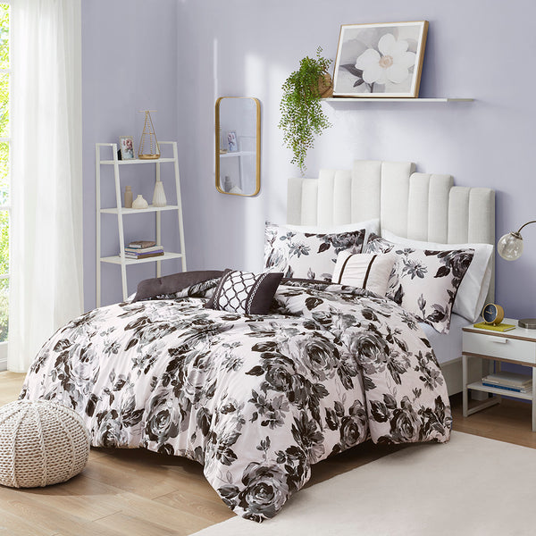 English Elm Full/Queen Dorsey Floral Print Comforter Set - Black & White Microfiber, Hypoallergenic Pillows, Antimicrobial Protection B03595882