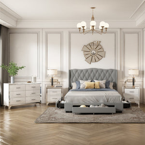 English Elm 4-Pieces Bedroom Sets Queen Size Upholstered Bed With Three Drawers, High Gloss Mirrored Nightstands and Dresser With Metal Handles and Legs