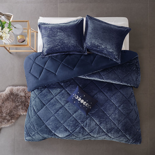 English Elm Twin/Twin Navy Velvet Comforter Set with Diamond Quilting, Hypoallergenic Fill, Sham & Toss Pillow — Luxurious Cozy Bedding B03595889