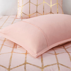 English Elm King/Cal King Metallic Printed Comforter Set – Blush Geometric Gold Microfiber, Antimicrobial, Embroidered Pillows Included B03595842