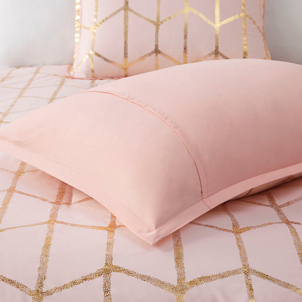 English Elm King/Cal King Metallic Printed Comforter Set – Blush Geometric Gold Microfiber, Antimicrobial, Embroidered Pillows Included B03595842
