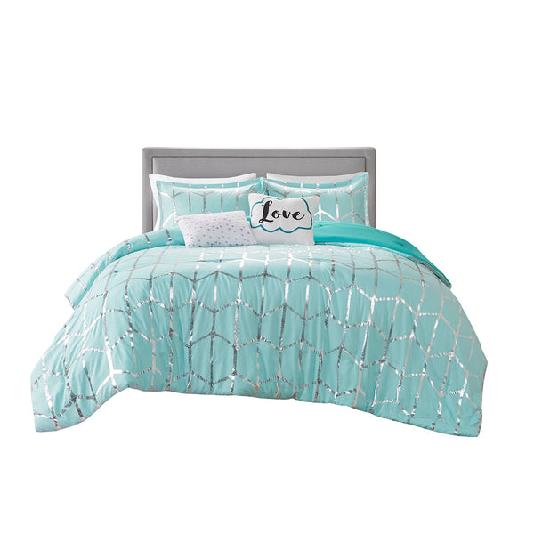 English Elm Twin/Twin Metallic Printed Comforter Set with Aqua Geometric Design, Embroidered Pillows & Antimicrobial Protection Aqua+Silver 21.65 L x 18.5 W x 10.24 H B03595834