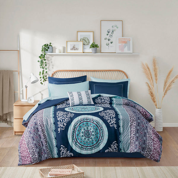 English Elm Twin XL Loretta Boho Comforter Set with Sheets, Navy Purple Medallion Design, OEKO-TEX Certified Bedding Ensemble B03595854