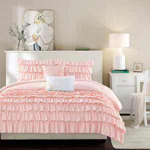 English Elm Full/Queen Waterfall Ruffled Comforter Set Blush Microfiber 4-Piece w/ Decorative Pillows, Antimicrobial B03595858