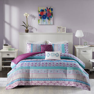 English Elm Comforter Joni Boho Print Set with Purple Reverse, OEKO-TEX, Antimicrobial Freshness, 5-Piece Twin B03595819