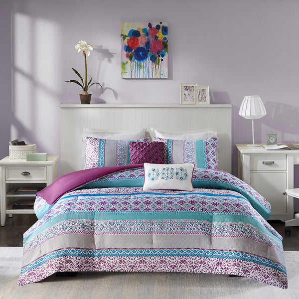 English Elm Full/Queen Boho Joni Comforter Set with Bold Global Prints, Reversible Purple Backing, OEKO-TEX Safe B03595820