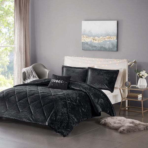 English Elm Twin/Twin Velvet Comforter Set Felicia Crushed Black Quilted Diamond Plush Hypoallergenic Pillow Included B03595936