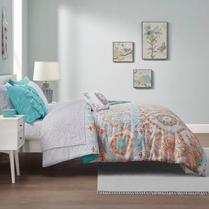 English Elm Twin Vinnie Boho Comforter Set with Sheets, Aqua Orange Global Print, OEKO-TEX, Antimicrobial Freshness Protection B03595867