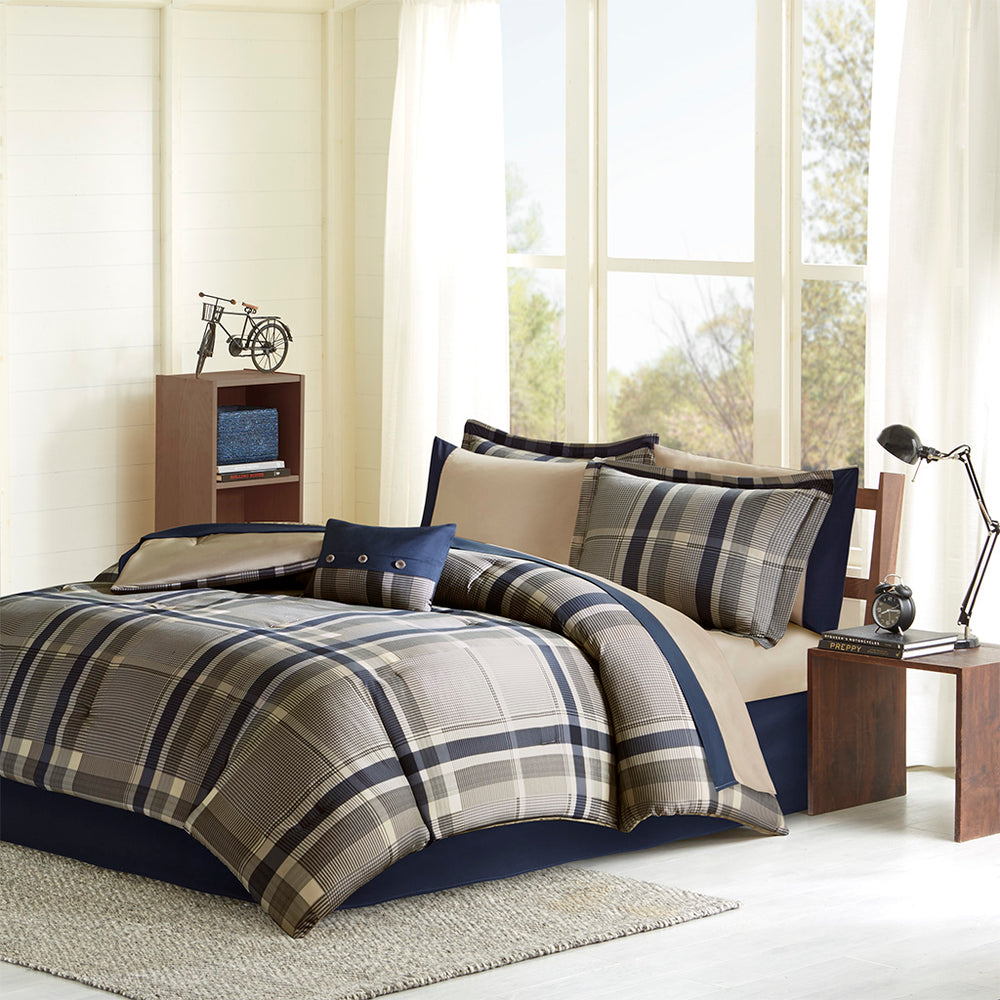 English Elm Twin Plaid Comforter Set Twin XL with Navy Taupe Microfiber Sheets, Bedskirt & Decorative Pillow—OEKO-TEX Certified Cozy Bedroom Ensemble B03595827