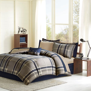 English Elm Twin Robbie Plaid Comforter Set with Sheets, Navy Taupe Brushed Microfiber, OEKO-TEX Certified Elegance B03595826