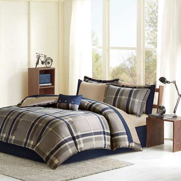 English Elm Twin Robbie Plaid Comforter Set with Sheets, Navy Taupe Brushed Microfiber, OEKO-TEX Certified Elegance B03595826