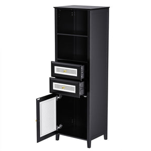 English Elm On-trend Boho Rattan Tower Cabinet 63 Inch Slim Mdf Storage for Any Room WF303856AAB