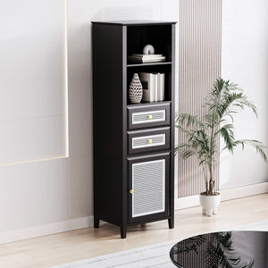 English Elm On-trend Boho Rattan Tower Cabinet 63 Inch Slim Mdf Storage for Any Room WF303856AAB