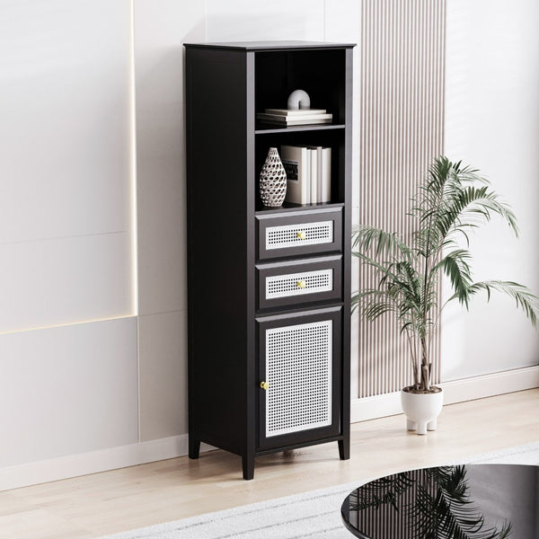 English Elm On-trend Boho Rattan Tower Cabinet 63 Inch Slim Mdf Storage for Any Room WF303856AAB