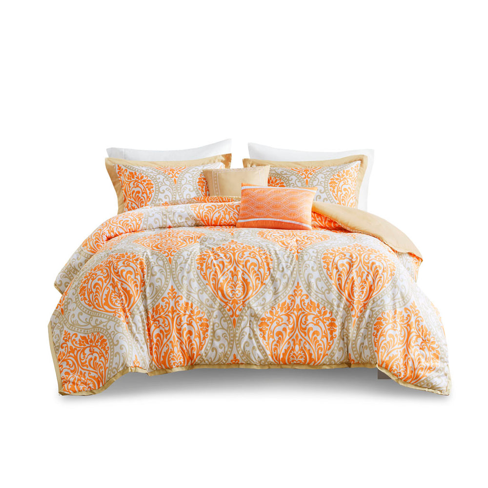 English Elm Full/Queen Senna Comforter Set - Damask Orange Taupe Microfiber, Antimicrobial Plush, Machine Washable B03595812