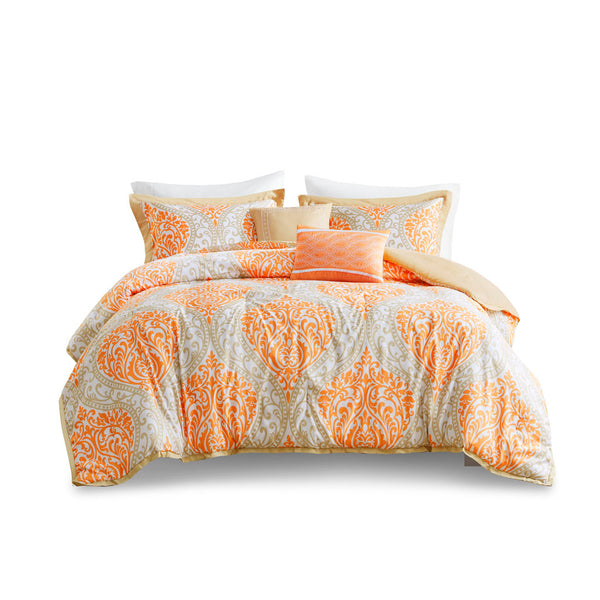 English Elm Twin/Twin Senna Comforter Set Orange Taupe Damask Microfiber with Decorative Pillows & Antimicrobial Finish B03595811